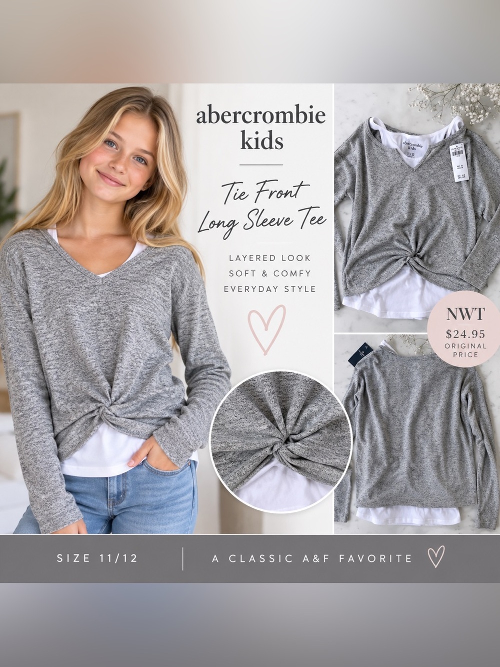 Abercrombie Kids NWT Gray Layered Tie Front Long Sleeve Top 11/12
